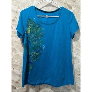 SB Active T-Shirt Floral Print Short Sleeve‎ Top Activewear Blue L